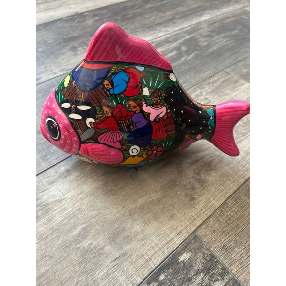 Other - Mexican Folk Art Hand Painted Pottery Fish Figurine‎ Village Scene Pink Black